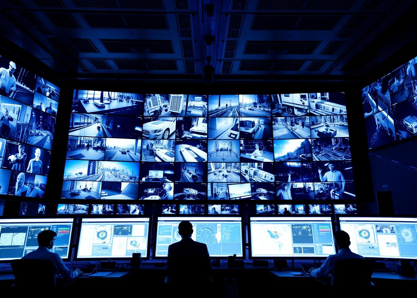 Sala de monitoramento moderna com paredes de vídeo em tempo real